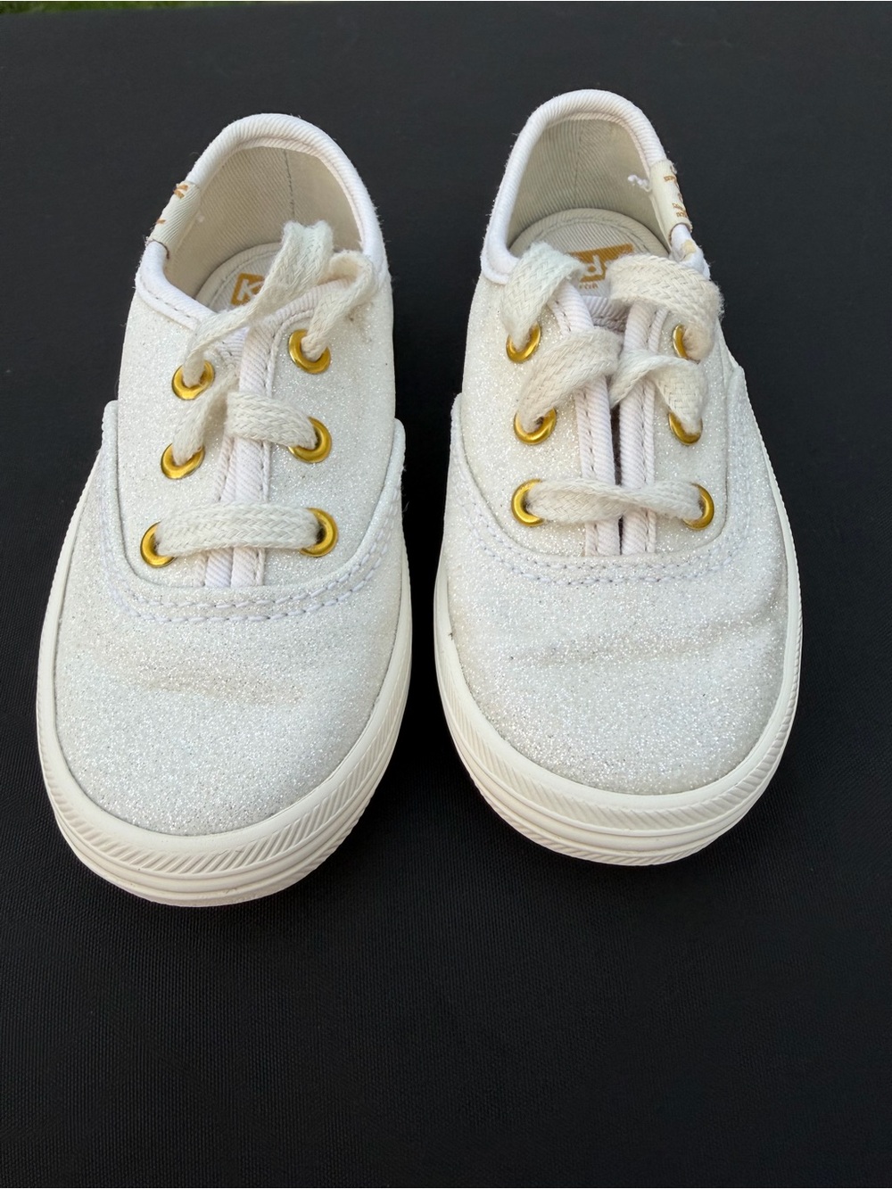 kate spade Kids Glitter Canvas Sneakers in White with Gold Eyelets